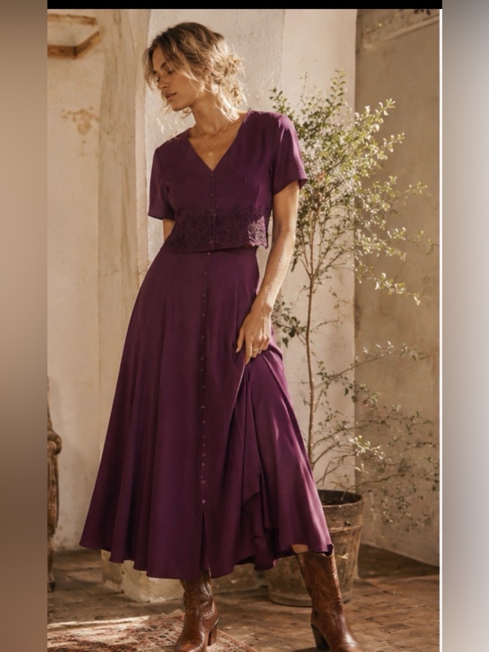 Elegant Vintage Button-Front Two-Piece Maxi Dress in Deep Plum